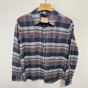 Patagonia Fjord Plaid Flannel Shirt Size Large Womens ADSM Navy Blue Orange NEW